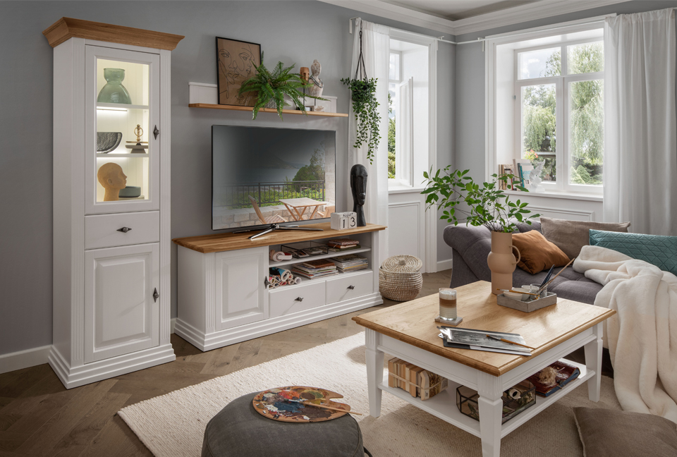meubles de salon cottage blanc et bois